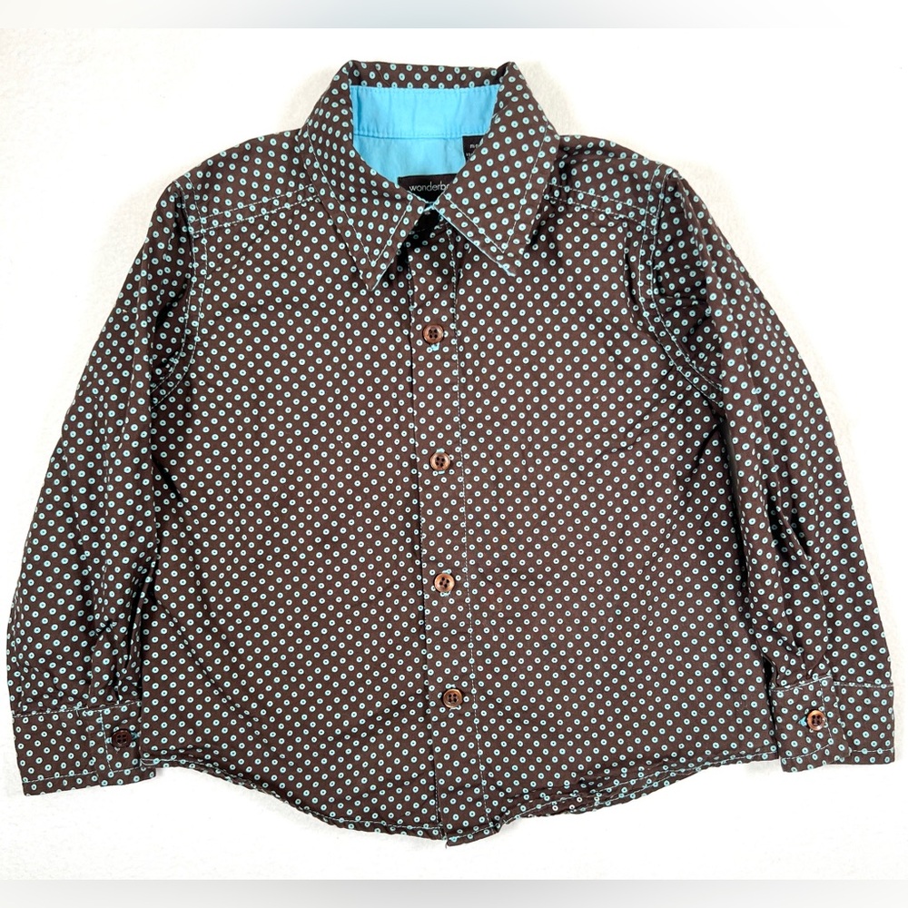WONDERBOY Boys Button Down Shirt Brown‎ Turquoise Dots 2T Long Sleeve Preppy USA